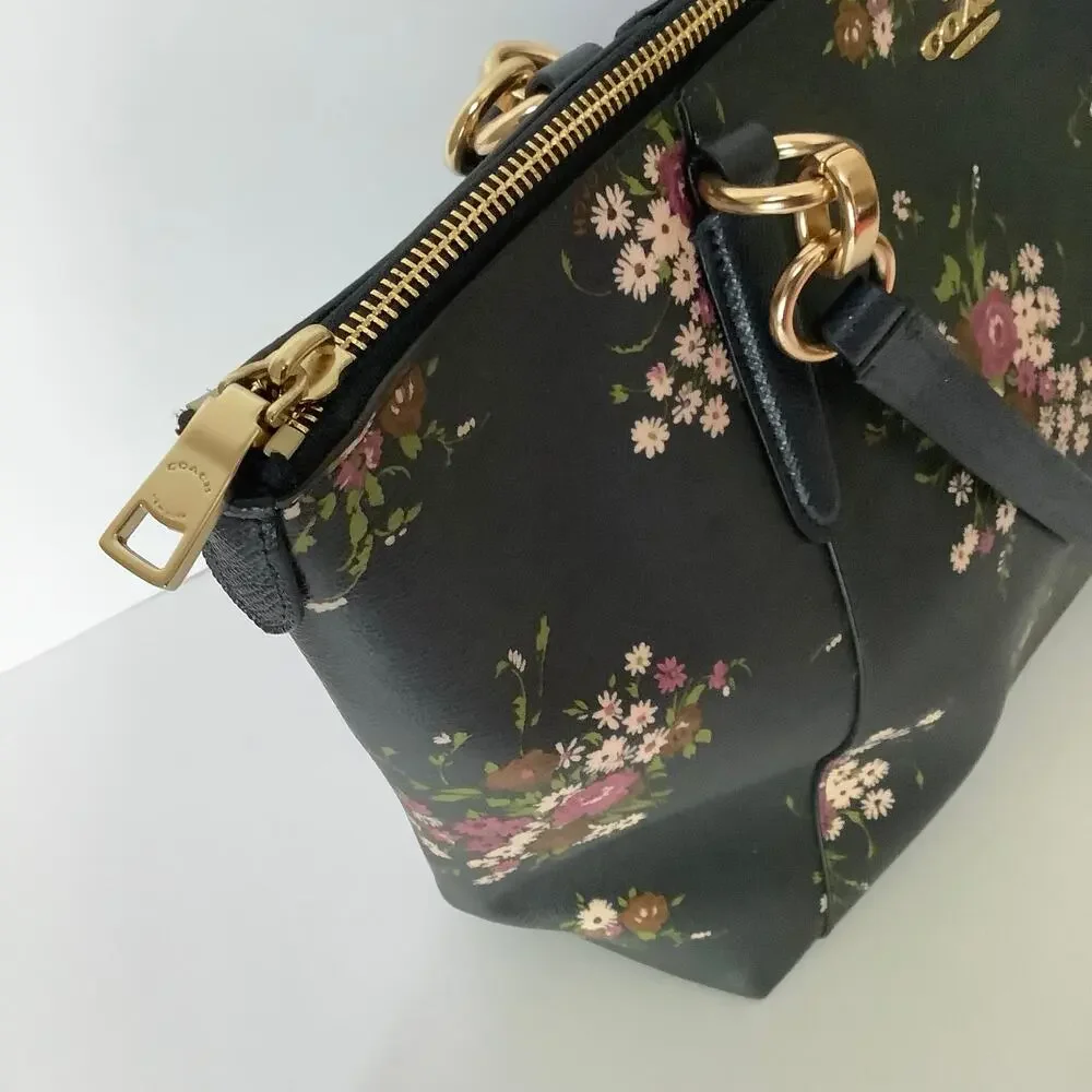 Coach Ava Crossgrain Leather Tote Bag Midnight Blue Delicate Floral Bundle Print